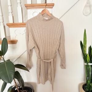 The Native One Ribbed Knit Sweater Dress Beige Mock Neck Belted Size Small